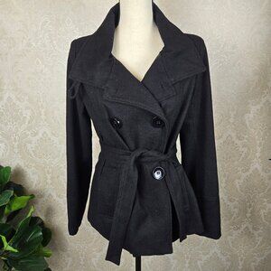 Outeredge Size Medium Black Wool Blend Peacoat Double Breasted Tie Belt Pockets